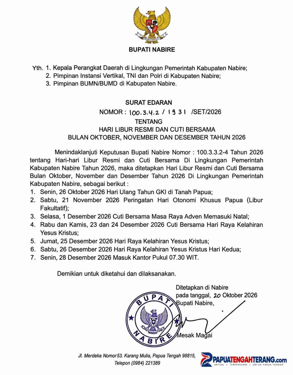 Akhir Tahun Makin Dekat, Ini Daftar Hari Libur Resmi di Kabupaten Nabire